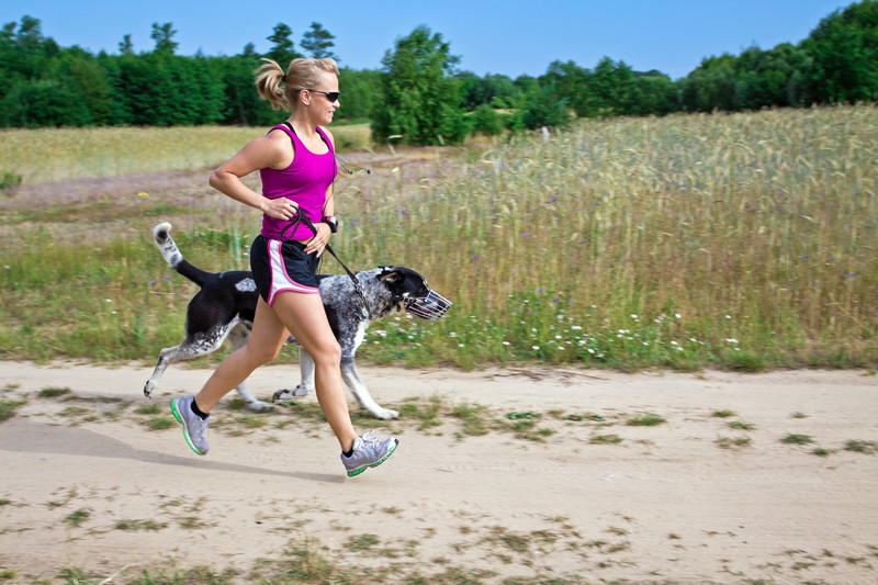 Dog trainer running with a dog outdoors